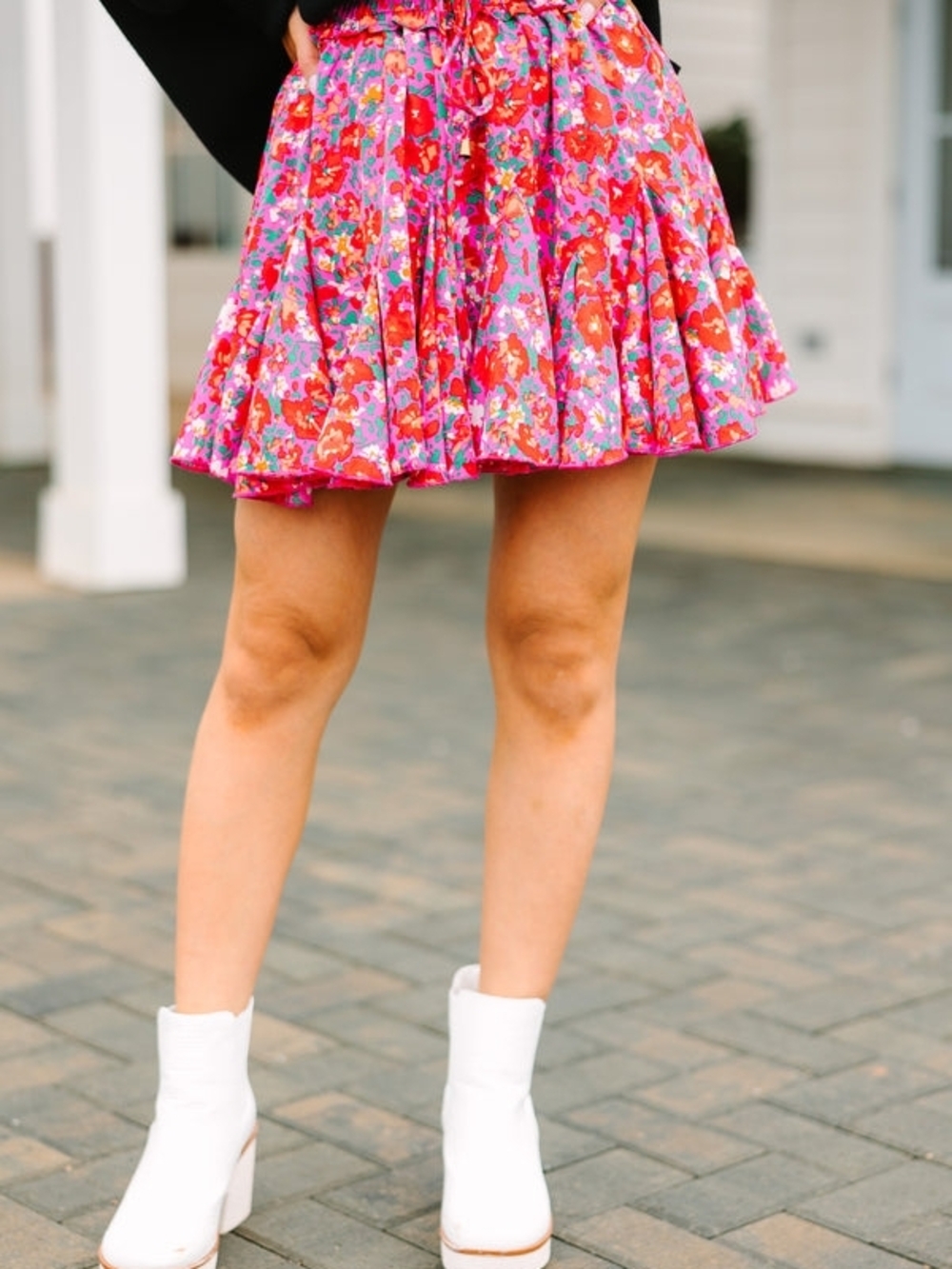 Jodifl Ruffled Floral Mini Skirt Pink Red Drawstring Waist Women’s Size L